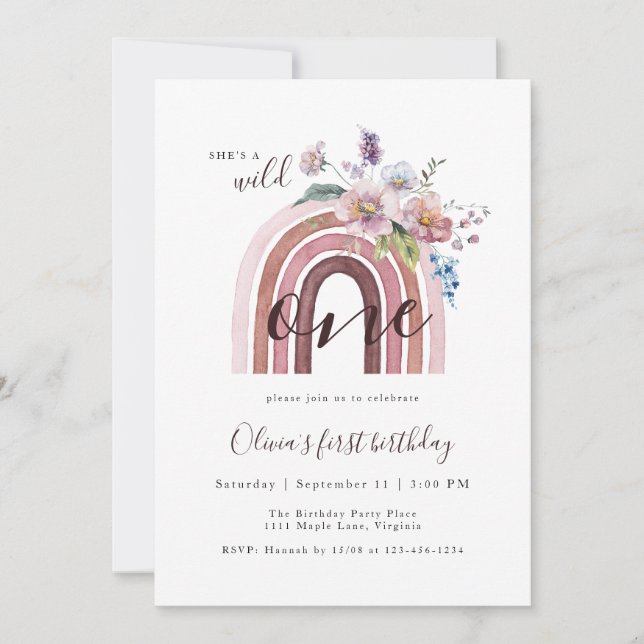 Vild och en Boho Wildblomsterregnbåge 1:a födelsed Inbjudningar (Framsida)