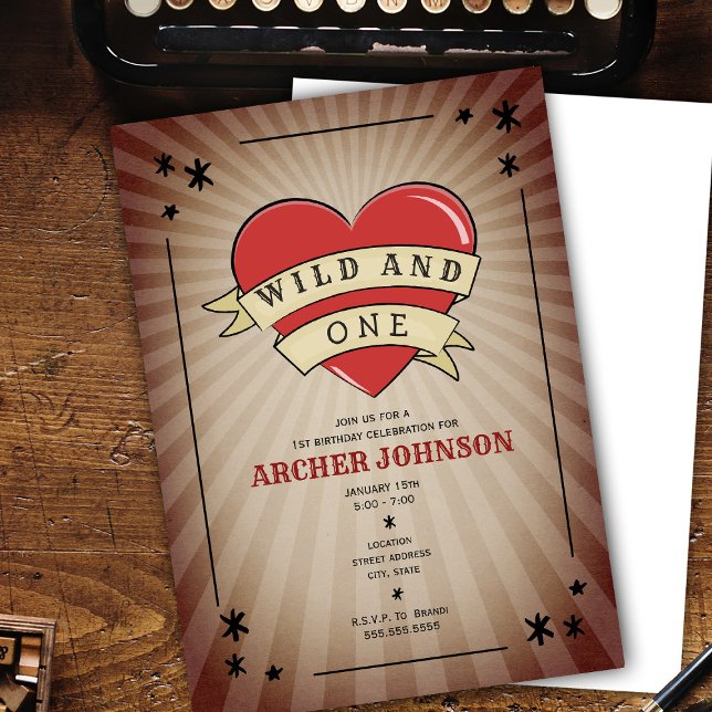 Vild och en tatuering Hjärta första födelsedagsinb Inbjudningar (Skapare uppladdad)