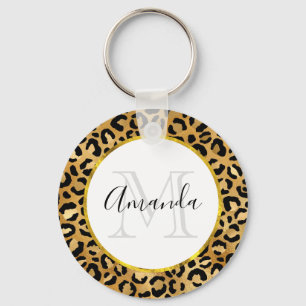 Vild och exotisk leopard Skriv ut Mönster Monogram Nyckelring