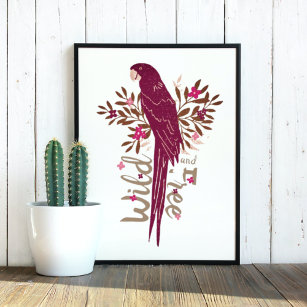 Vild och Free Ara Parrot Tropical Löv Poster