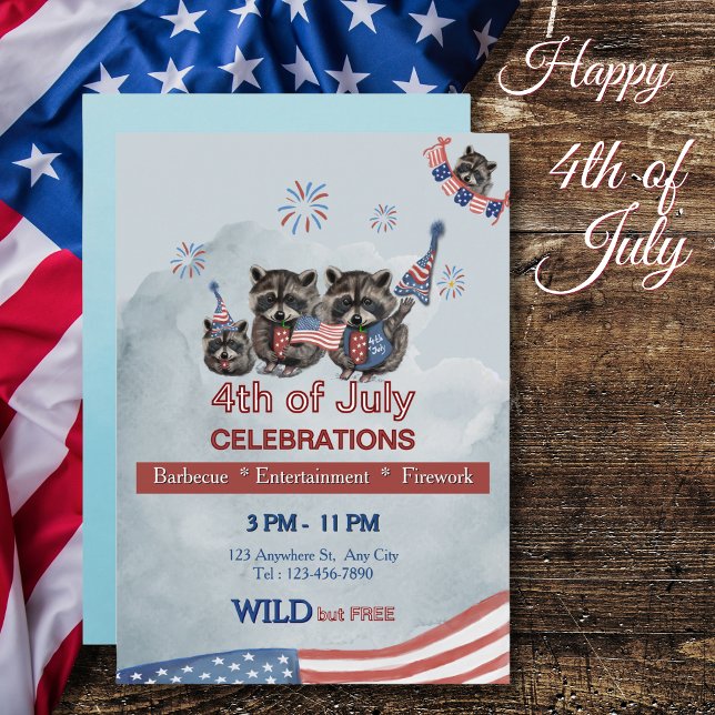 Vild och fri 4:e juli Raccoon Party Inbjudningar (Wild and Free 4th of July Raccoon Party Invitation)