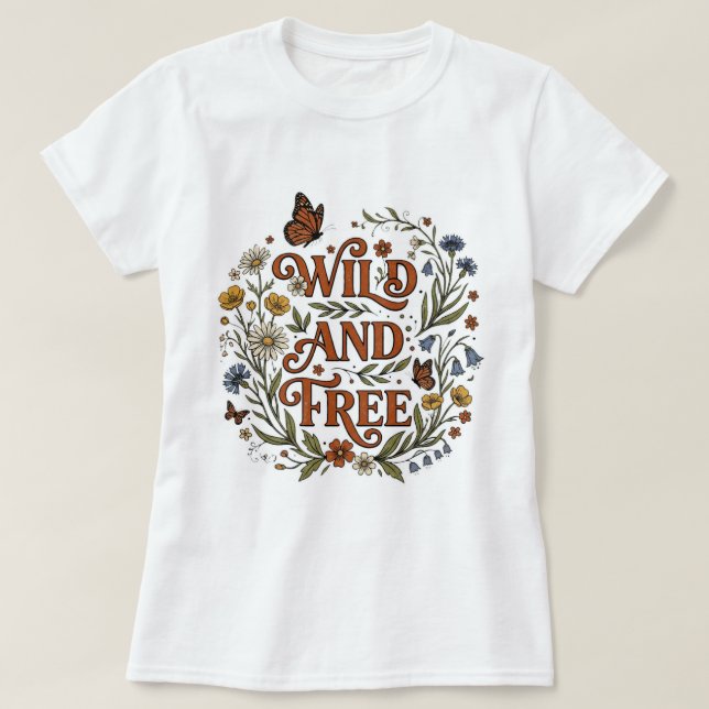 Vild Och Fri Boho Blommig Fjäril T Shirt (Design framsida)