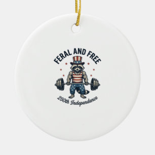 Vild och fri patriotisk tvättbjörn tyngdlyftning s julgransprydnad keramik