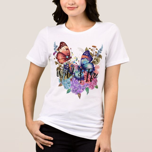 Vild och fritt fjäril, vattenfärgsblomma t shirt (Framsida)