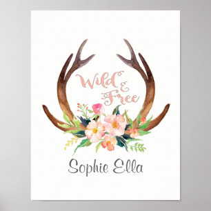 Vild och fritt vattenfärgsfärgad Hjort Antler och Poster