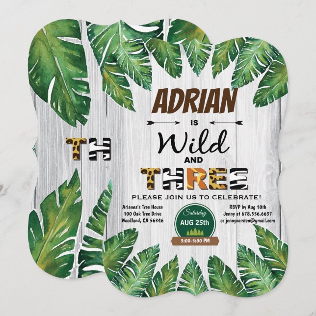 Vild och gratis 3-årsinbjudan. Boy jungjungle Inbjudningar (Fram/baksida)