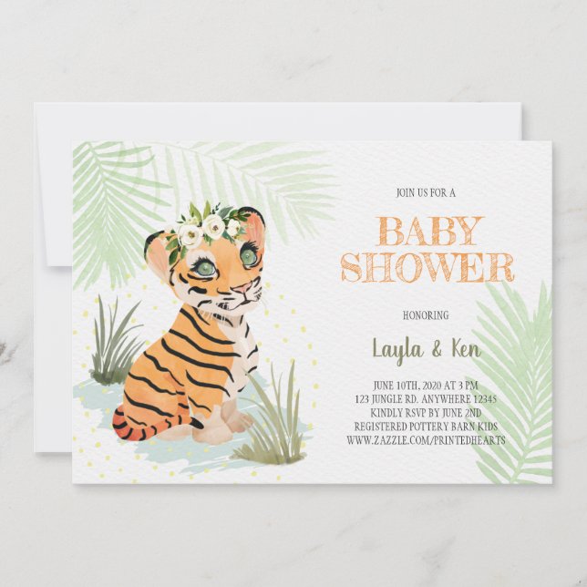 Vild och gratis - Blommigt Tiger Baby Shower-inbju Inbjudningar (Framsida)