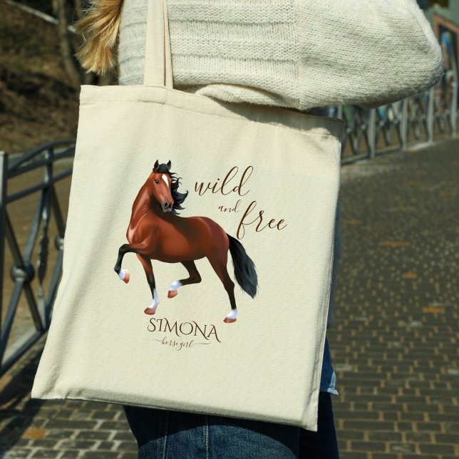 Vild och gratis party-gåva till brunbjörnsflickor tygkasse (Hackney horse wild and free personalized name tote bag, horse lovers gifts horse party favors)