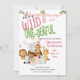 Vild och offentlig Rosa Baby djur födelsedagen Inbjudningar