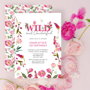 Vild och offentlig Rosa Blommigt flicka 1:a födels Inbjudningar