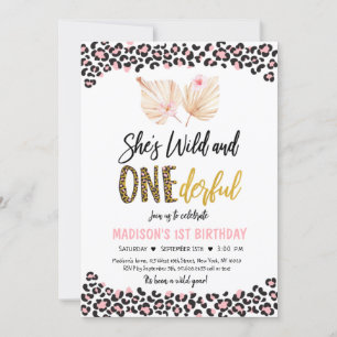 Vild och ONEderful Leopard Rosa Birthday  Inbjudningar