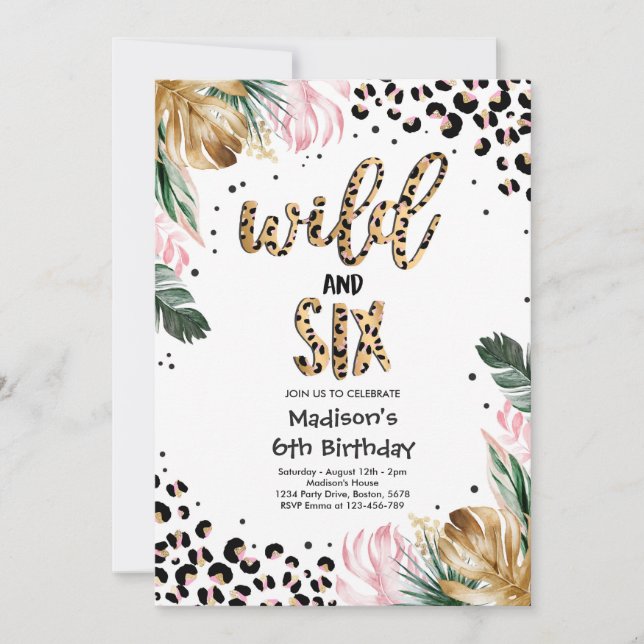Vild och sex Leoparder Skriv ut 6e Födelsedagsfest Inbjudningar (Framsida)