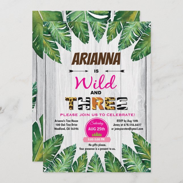 Vild och tre födelsedagsinbjudningar. Flickdjungel Inbjudningar (Fram/baksida)
