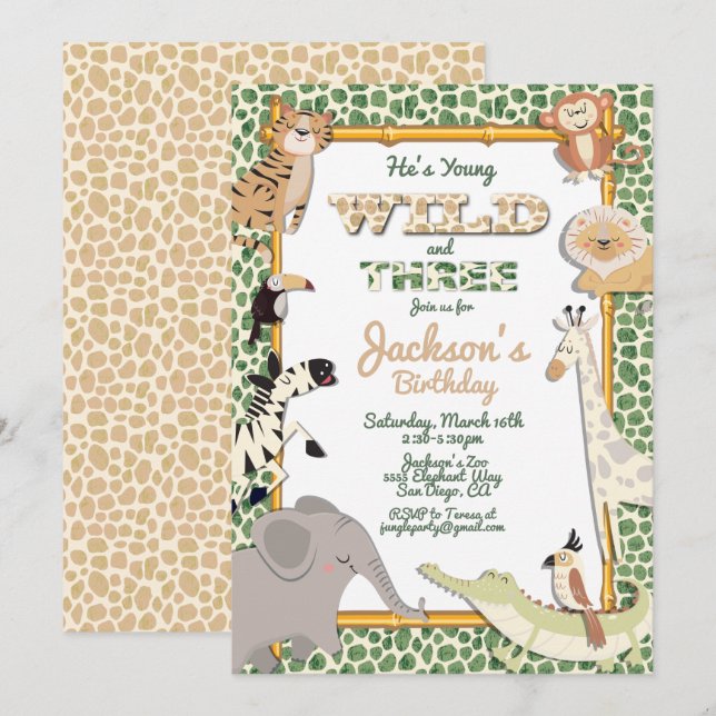 Vild och Tre Jungle Safari Födelsedagsfest Inbjudningar (Fram/baksida)