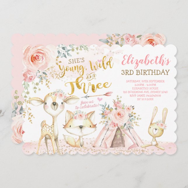 Vild och tre träbaserade trädjur 3:e födelsedagen inbjudningar (Fram/baksida)
