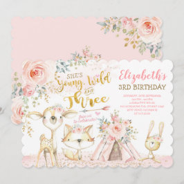 Vild och tre träbaserade trädjur 3:e födelsedagen inbjudningar