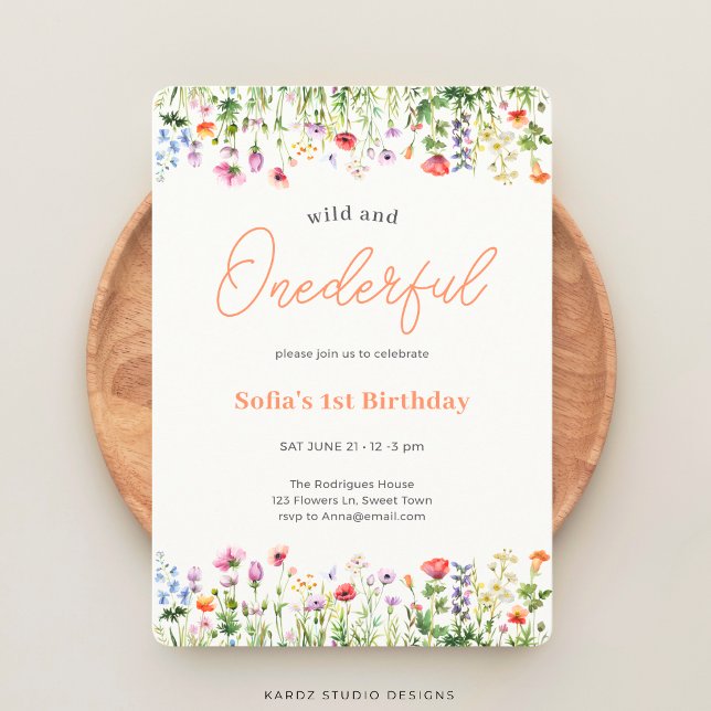 Vild och underbar Vildblomma 1-årsfest Inbjudningar (The front of the invitation is shown at a 5x7 inch size. Choose size, paper, + corner style.)