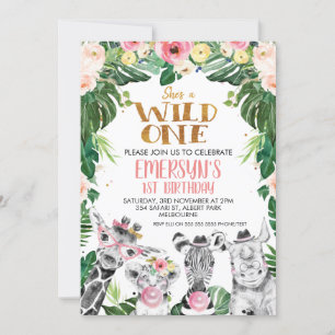 Vild om dragning av Safari Animals Blommigt En föd Inbjudningar