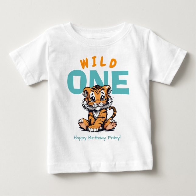 Vild ONE Baby 1st Birthday Cute Tiger and Namn T Shirt (Framsida)
