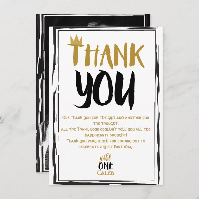 Vild One Black Guld Photo 1 1:a födelsedag Tack Inbjudningar (Fram/baksida)