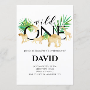 VILD ONE Boy 1st Birthday Gold Foil Animals Jungle Inbjudningar