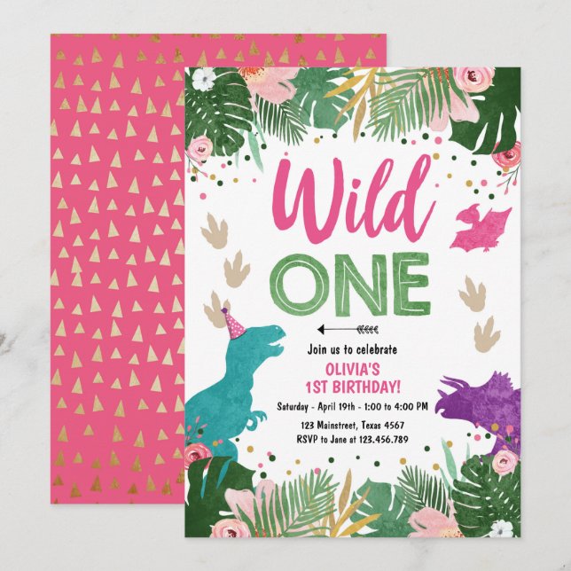 Vild One Dino Party Girl Rosa Dinosaur Birthday Inbjudningar (Fram/baksida)