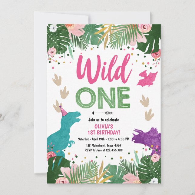 Vild One Dino Party Girl Rosa Dinosaur Birthday Inbjudningar (Framsida)