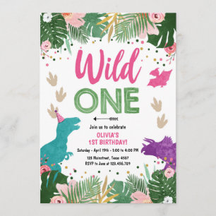 Vild One Dino Party Girl Rosa Dinosaur Birthday Inbjudningar