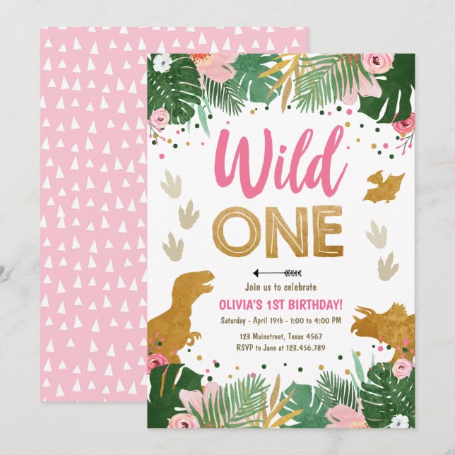 Vild One Dino Party Girl Rosa Dinosaur Birthday Inbjudningar (Fram/baksida)
