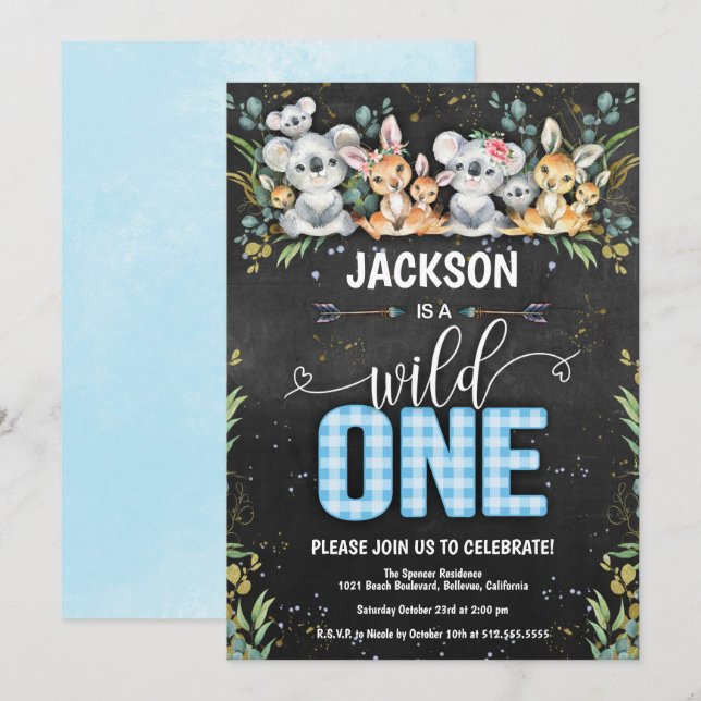 Vild One Koala & Kangaroo Gingham 1:a födelsedagen Inbjudningar (Fram/baksida)