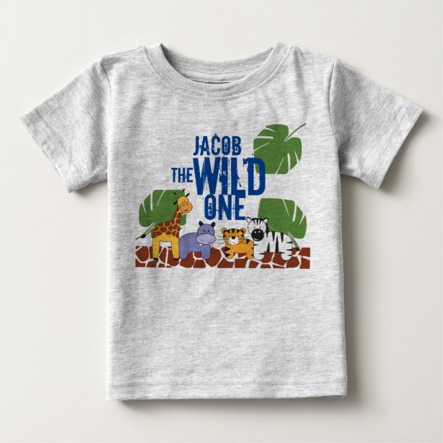 VILD ONE Safari blue Namn Första födelsedagen T Shirt (Framsida)