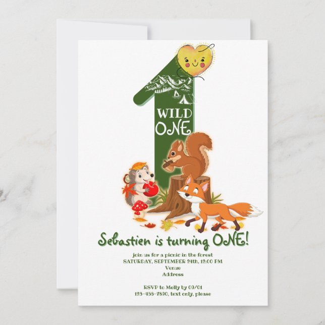 Vild ONE Woodland Forest Animal Kids 1:a födelseda Inbjudningar (Framsida)