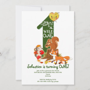 Vild ONE Woodland Forest Animal Kids 1:a födelseda Inbjudningar