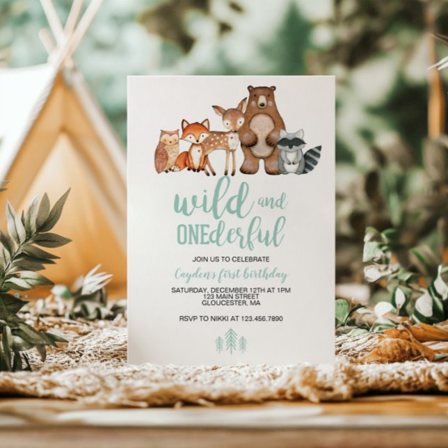 Vild Onederful Woodland Animal First Birthday Inbjudningar (Skapare uppladdad)