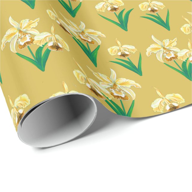 Vild Orchids - Golden Gult Orchids och Foliage Presentpapper (Rullad Hörn)