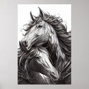 Vild på häst - djurart Illustration Line Epic Poster