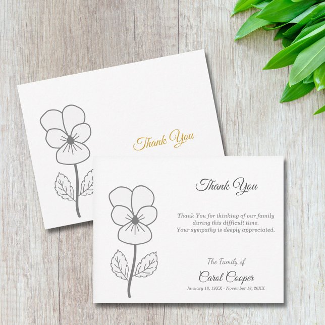 Vild Pansy Line Art-Tackkort-kort Tack Kort (Wild Pansy Line Art Funeral Thank You Note Card)
