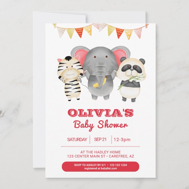 Vild Party Animals Baby Shower Inbjudningar (Framsida)