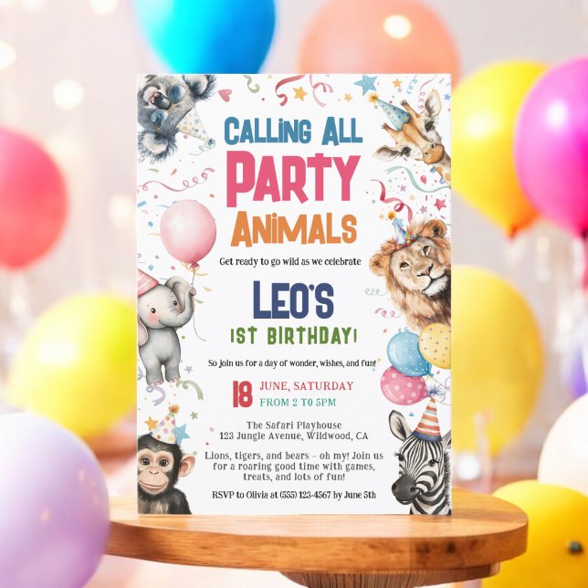 Vild Party som ringer alla djur 1:a födelsedagen S Inbjudningar (Wild Party Calling All Animals 1st Birthday Safari Invitation)
