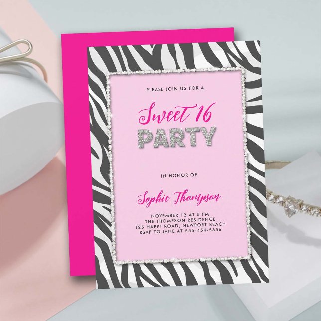 Vild Party Zebra tryck Rhinestone Ram Sweet 16 Inbjudningar (sweet 16 party invitation wild animal zebra print hot pink rhinestone frame elegant girly classy)