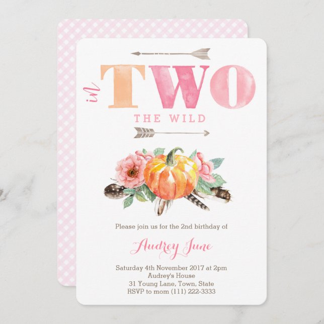 Vild Pumpkin 2:a födelsedagen Party för flicka Inbjudningar (Fram/baksida)