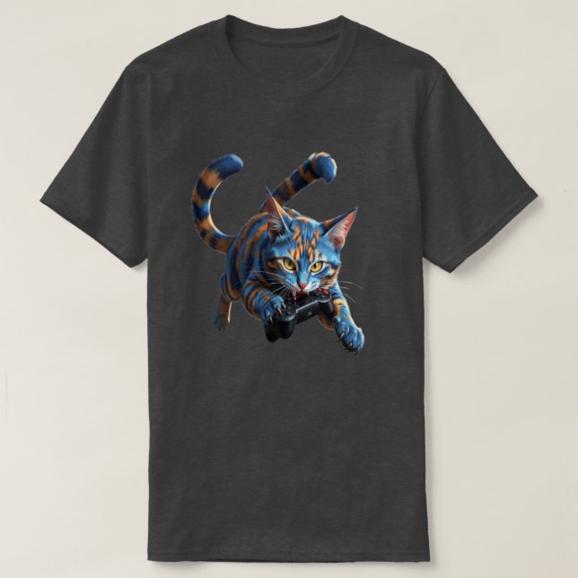 Vild randig katt spelkontrollerbett - Rolig katt  T Shirt (Design framsida)