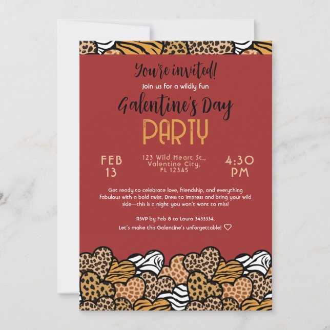 Vild Red Animal Print Heart Galentine's Day Party Inbjudningar (Framsida)
