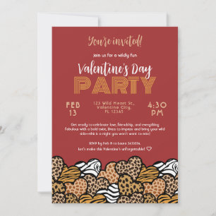 Vild Red Animal Print Heart Valentine Day Party Inbjudningar