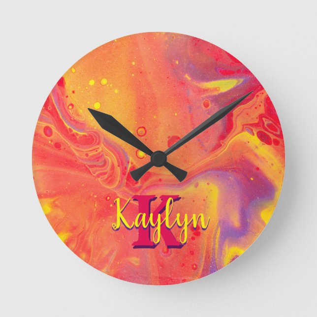 Vild Red Lila Acrylic Flow Art Rund Klocka (Framsida)