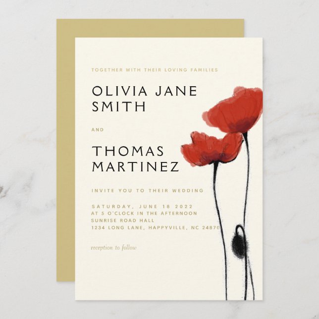 Vild Red Poppies Guld Ecru Rustic Elegant bröllop Inbjudningar (Fram/baksida)