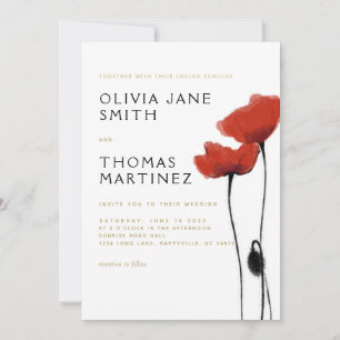 Vild Red Poppies Guld Rustic Elegant Chic Bröllop Inbjudningar