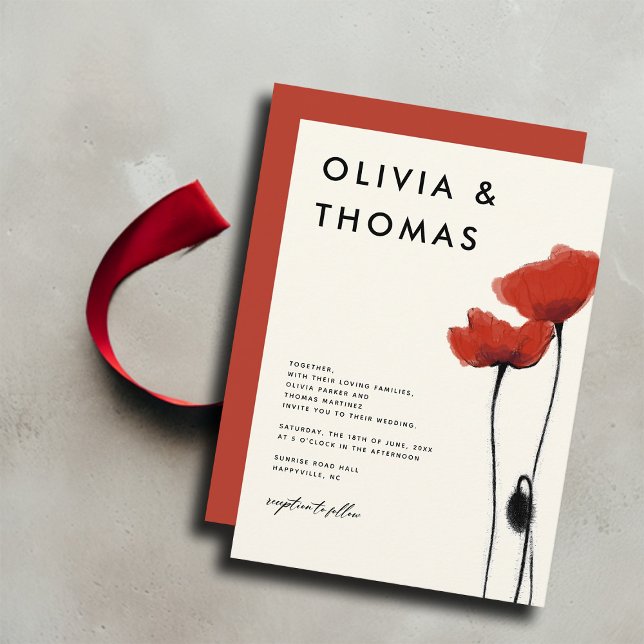 Vild Red Poppies Modern Rustic Elegant bröllop Inbjudningar (red poppies poppy wildflowers wedding invitation modern elegant romantic simple bohemian summer)