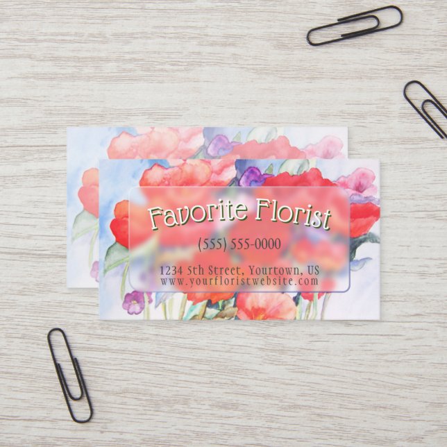 Vild Red Poppies vattenfärg Visitkort (Fram/Back In Situ)