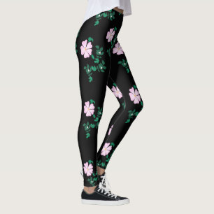 Vild Ro - Blommönster på svart bakgrund Leggings